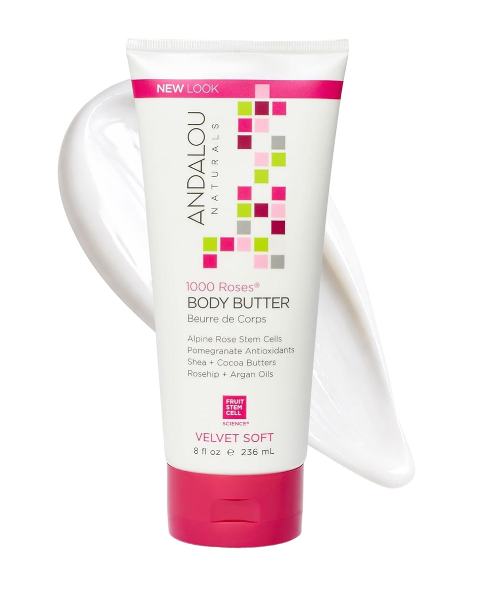 Andalou Naturals front packaging of Velvet Soft 1000 Roses body butter shows jar and branding, nourishing hydration