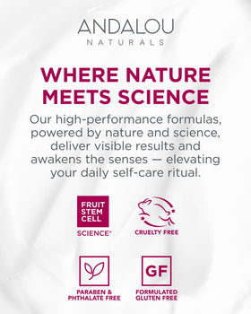 Andalou Naturals label close-up emphasizing rose stem cells and bioactive 8-berry complex benefits