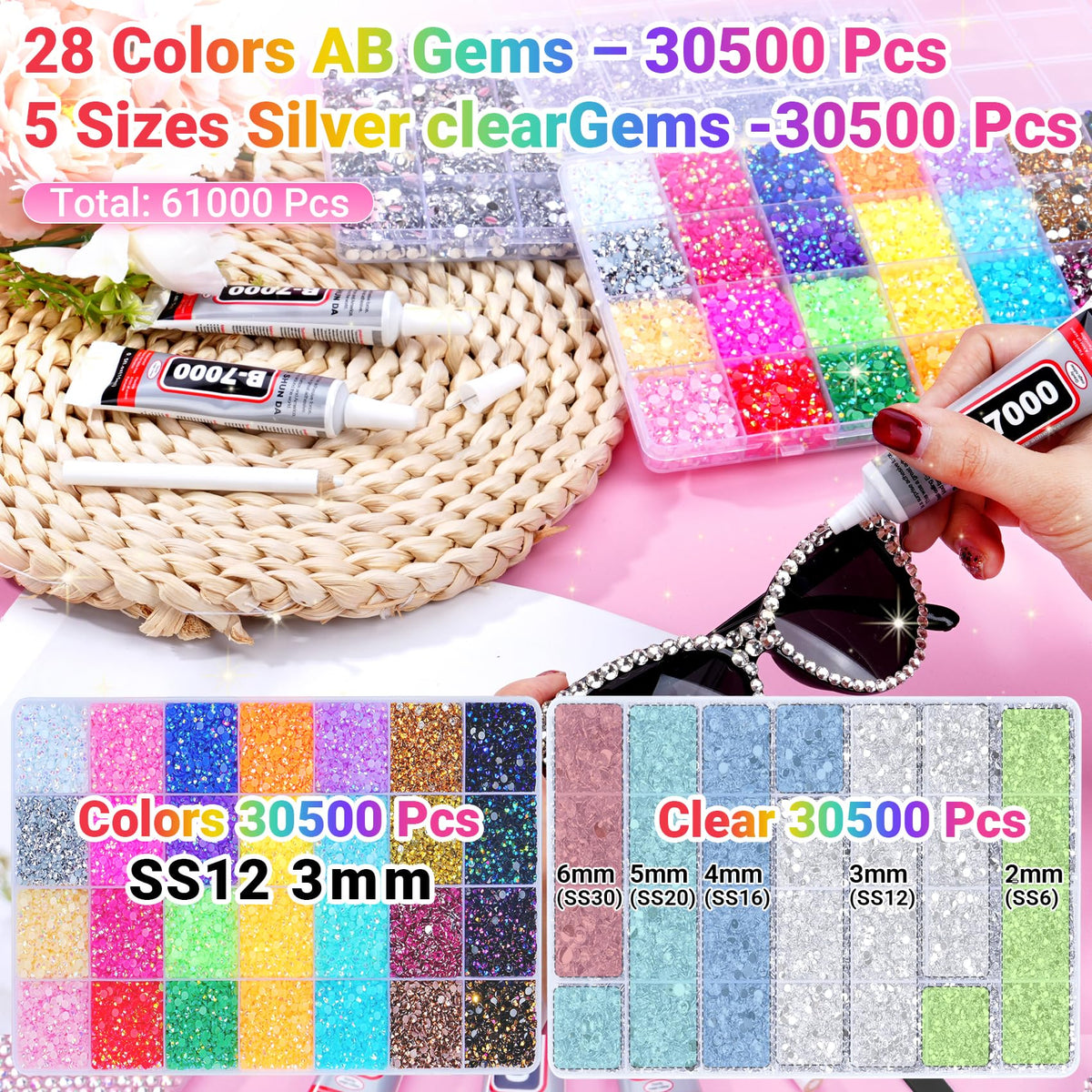 ANDGING spread of silver clear 2–6mm stones showing size variety benefit
