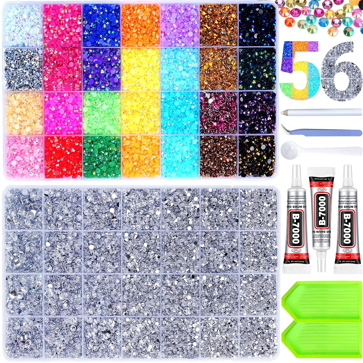 ANDGING front packaging showing full 46,000-piece rhinestone kit and tools for easy project starts