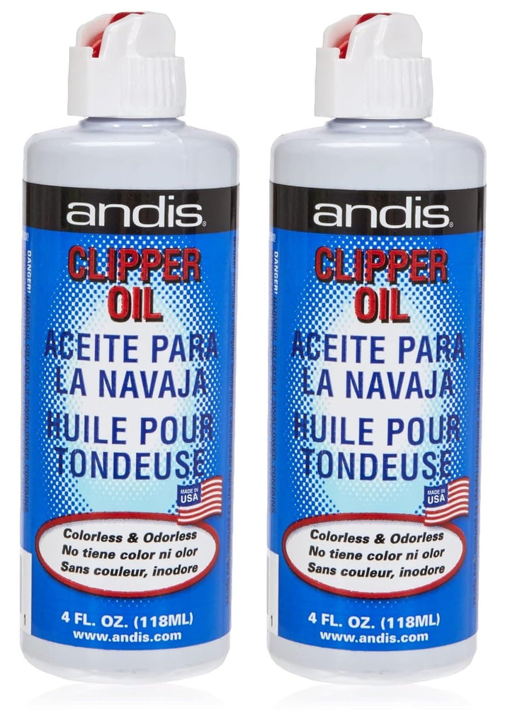 Andis clipper oil front packaging showing twin 4 oz bottles and benefits