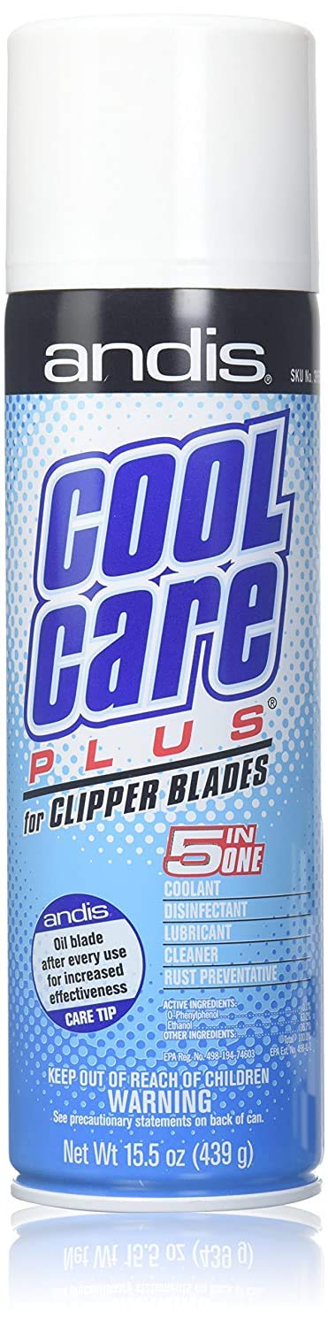 Andis Cool Care Plus front view showing label and 15.5 oz size, protects blades