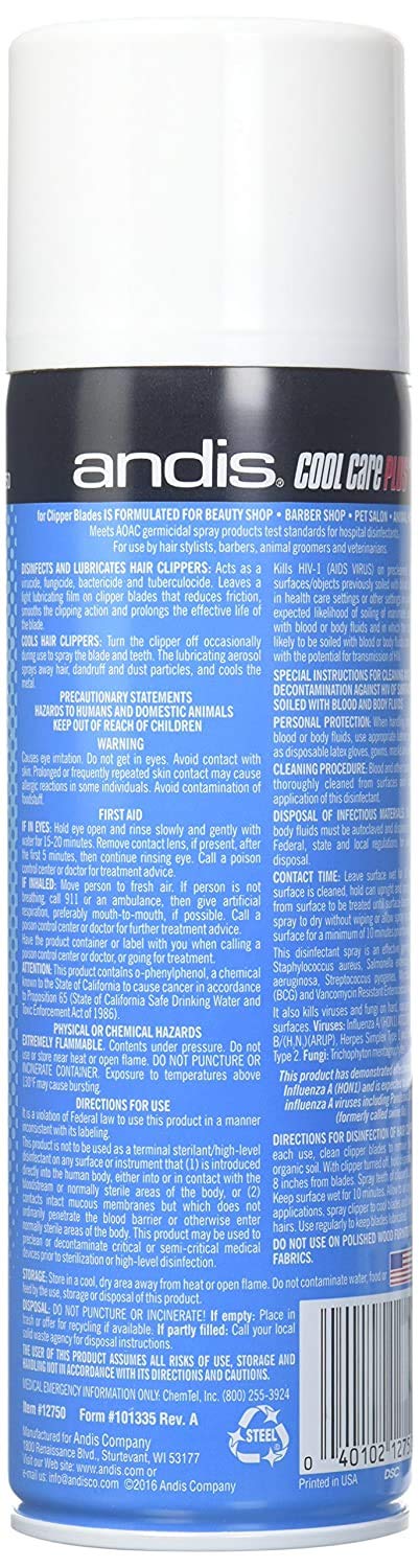Andis Cool Care Plus sprayed onto clipper blades in use, reduces heat and friction