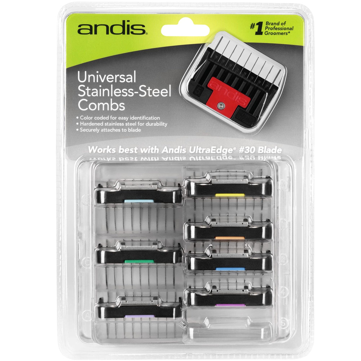 andis front packaging combs showing all eight color-coded stainless combs and benefit organized set