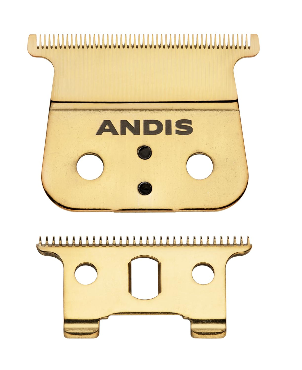 Andis gold GTX-EXO front blade view showing sharp edge and durability benefits