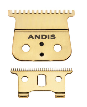 Andis gold GTX-EXO front blade view showing sharp edge and durability benefits