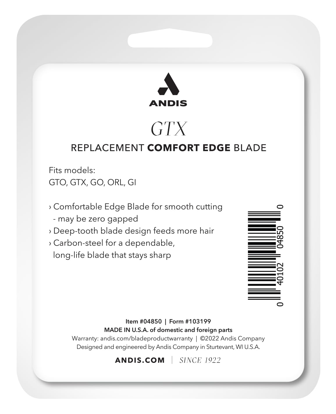 Andis GTX blade in hand for scale showing compact, durable design