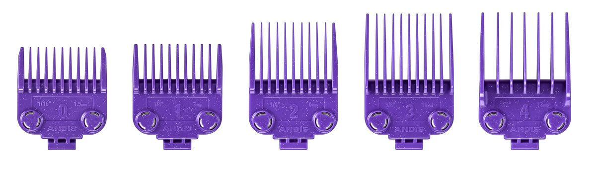 Andis purple master comb set front view showing five guards and packaging, easy identification