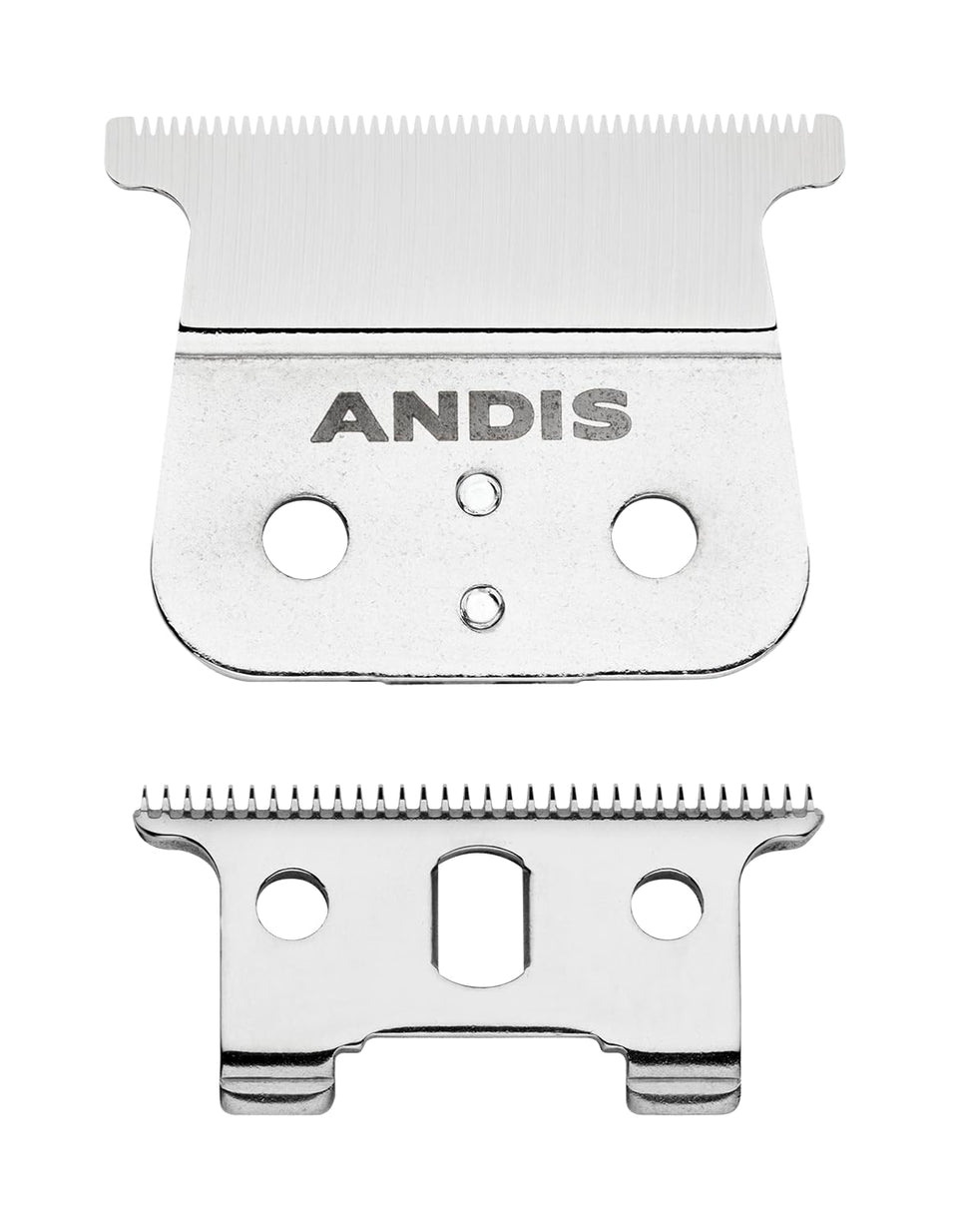 Andis T-blade front view showing silver close-cut profile and professional precision