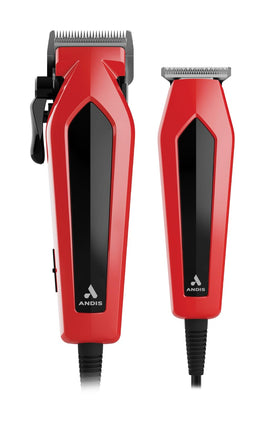 Andis Ultra Clip front view showing red clipper and benefits of stable cutting