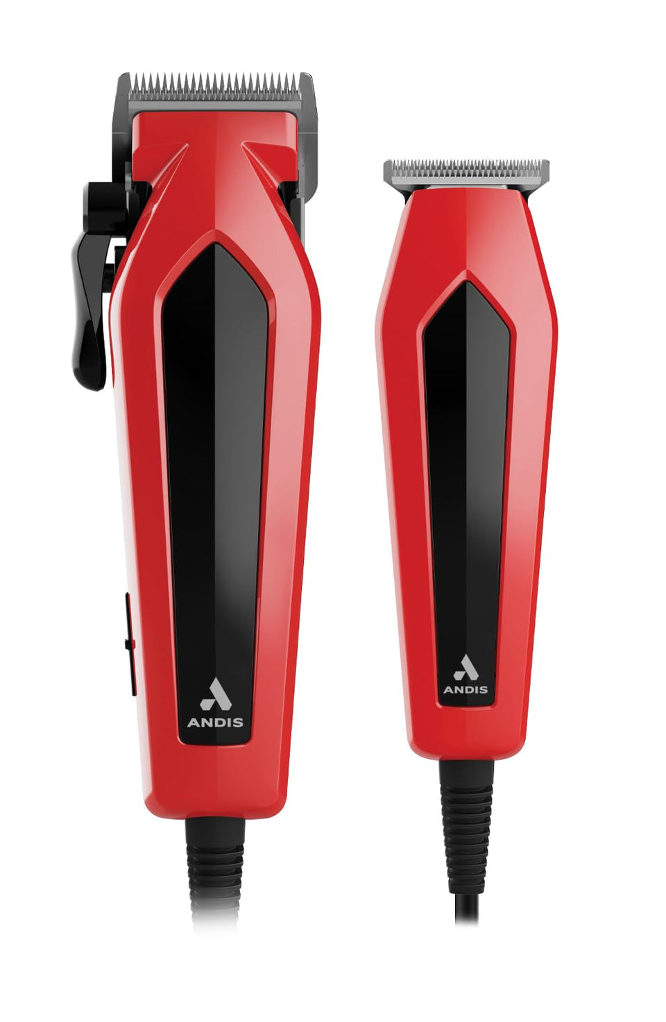 Andis Ultra Clip front view showing red clipper and benefits of stable cutting