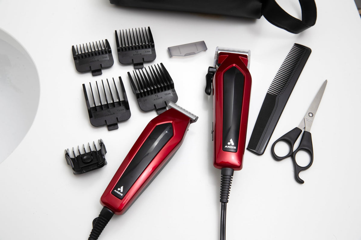 Andis Ultra Clip side profile in red showing quiet motor housing benefit