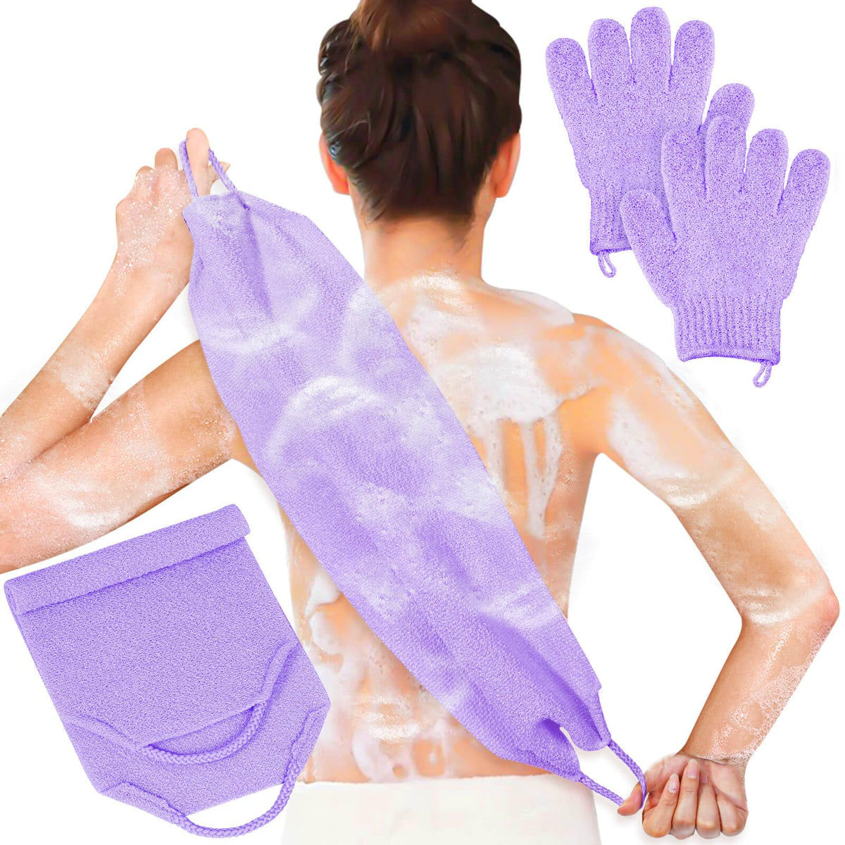 Anezus front view of purple exfoliating gloves and back scrubber, convenient kit