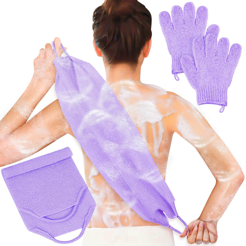 Anezus front view of purple exfoliating gloves and back scrubber, convenient kit