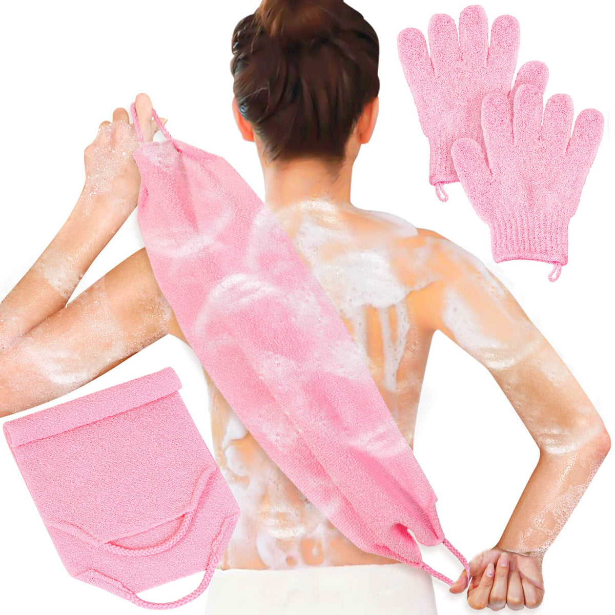 Anezus front view of gloves and back scrubber showing complete pink set and easy-start benefit