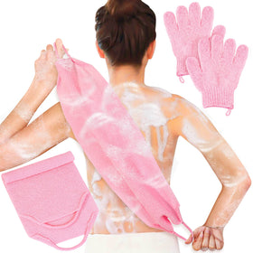 Anezus front view of gloves and back scrubber showing complete pink set and easy-start benefit