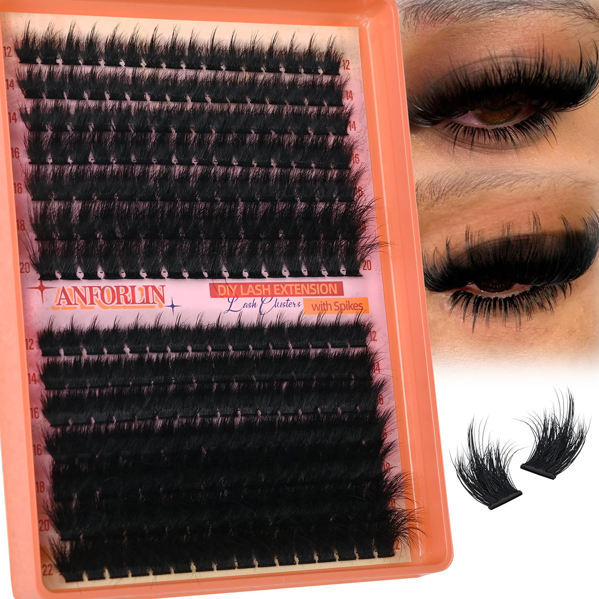 Anforlin front packaging showing 224 spiky manga lash clusters and dramatic volume