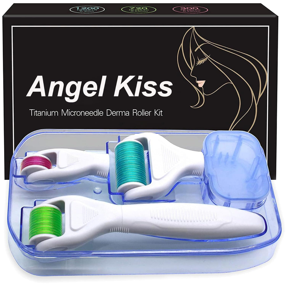 Angel Kiss front packaging showing the complete derma roller kit benefits convenience
