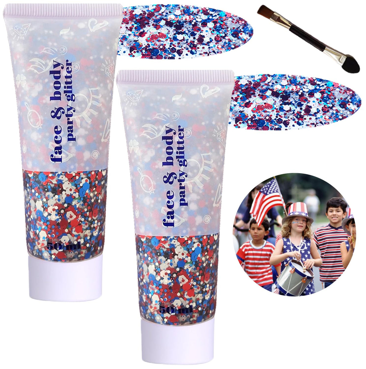 Angels Beauty front packaging showing patriotic glitter colors and benefits