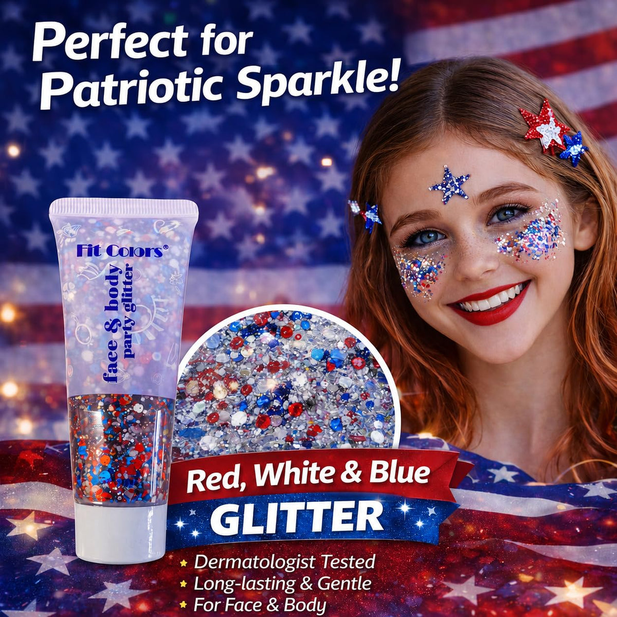 Angels Beauty red glitter applied to hair for bold team-color impact