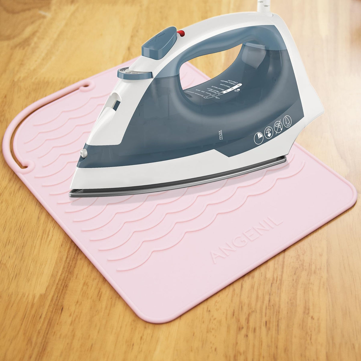 ANGENIL hot flat iron resting on mat protecting countertop from heat