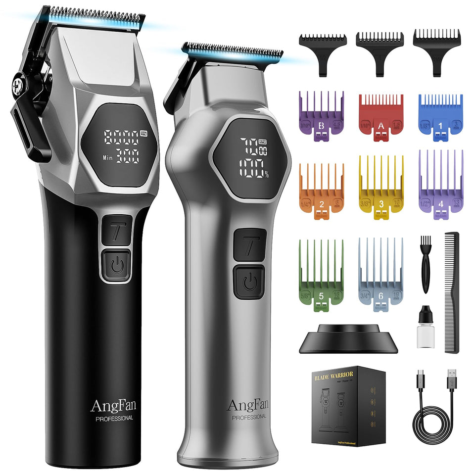 ANGFAN front view of clippers and trimmer showing sleek design and professional grip