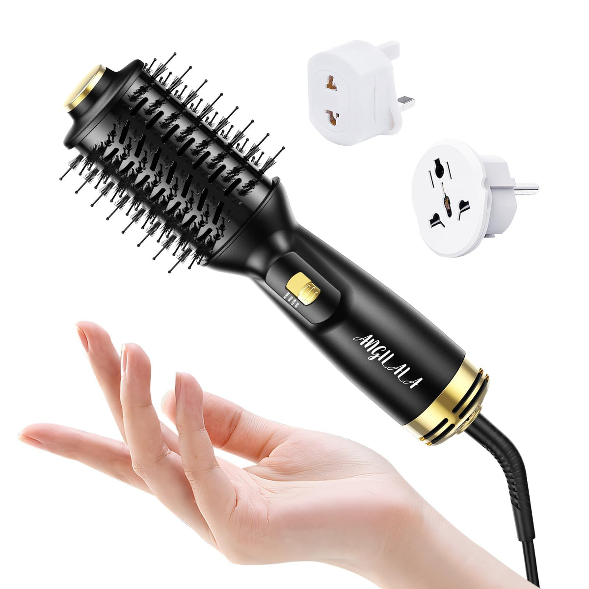 ANGILALA front view of mini hair dryer brush showing compact design and travel readiness