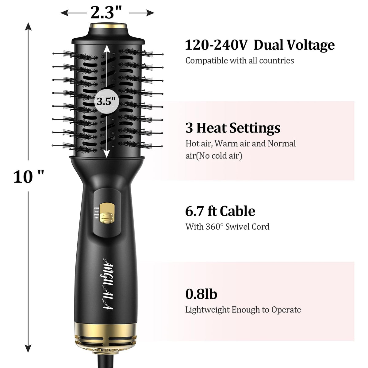 ANGILALA handheld brush in one hand demonstrating comfortable ergonomic control