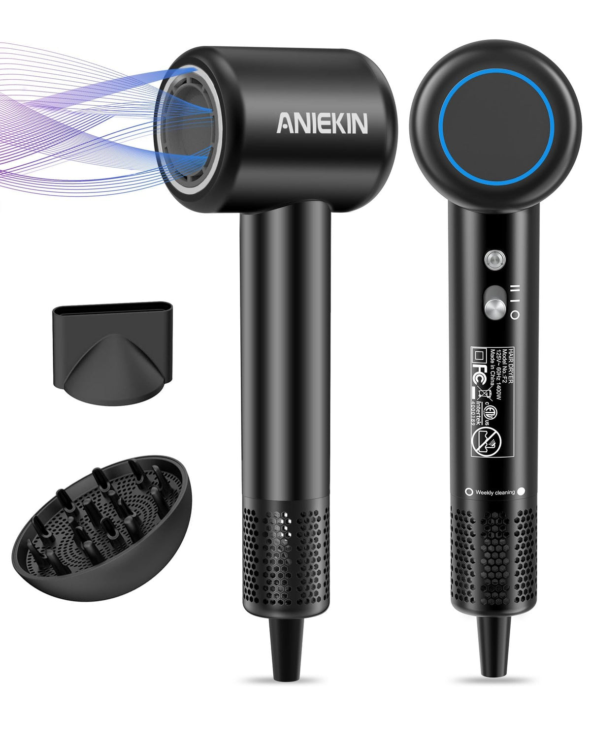 ANIEKIN front view of hair dryer showing sleek design and quick drying benefit