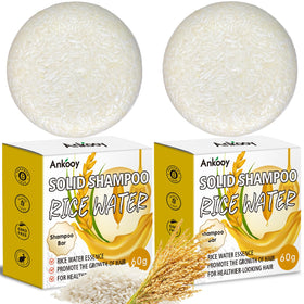 ANKOOY front view of rice water shampoo bar showing compact travel-ready shape and benefits
