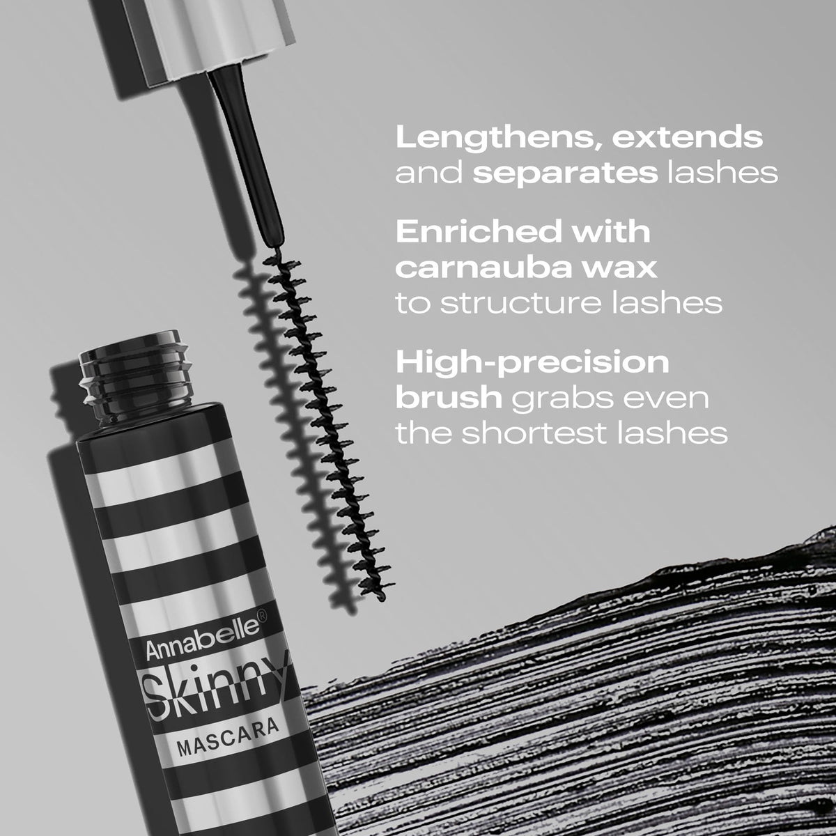 Annabelle mascara on eyelashes in use demonstrates visible lengthening effect