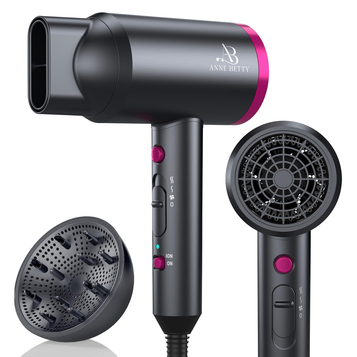 ANNE BETTY front view of dryer showing sleek body and airflow — easy styling