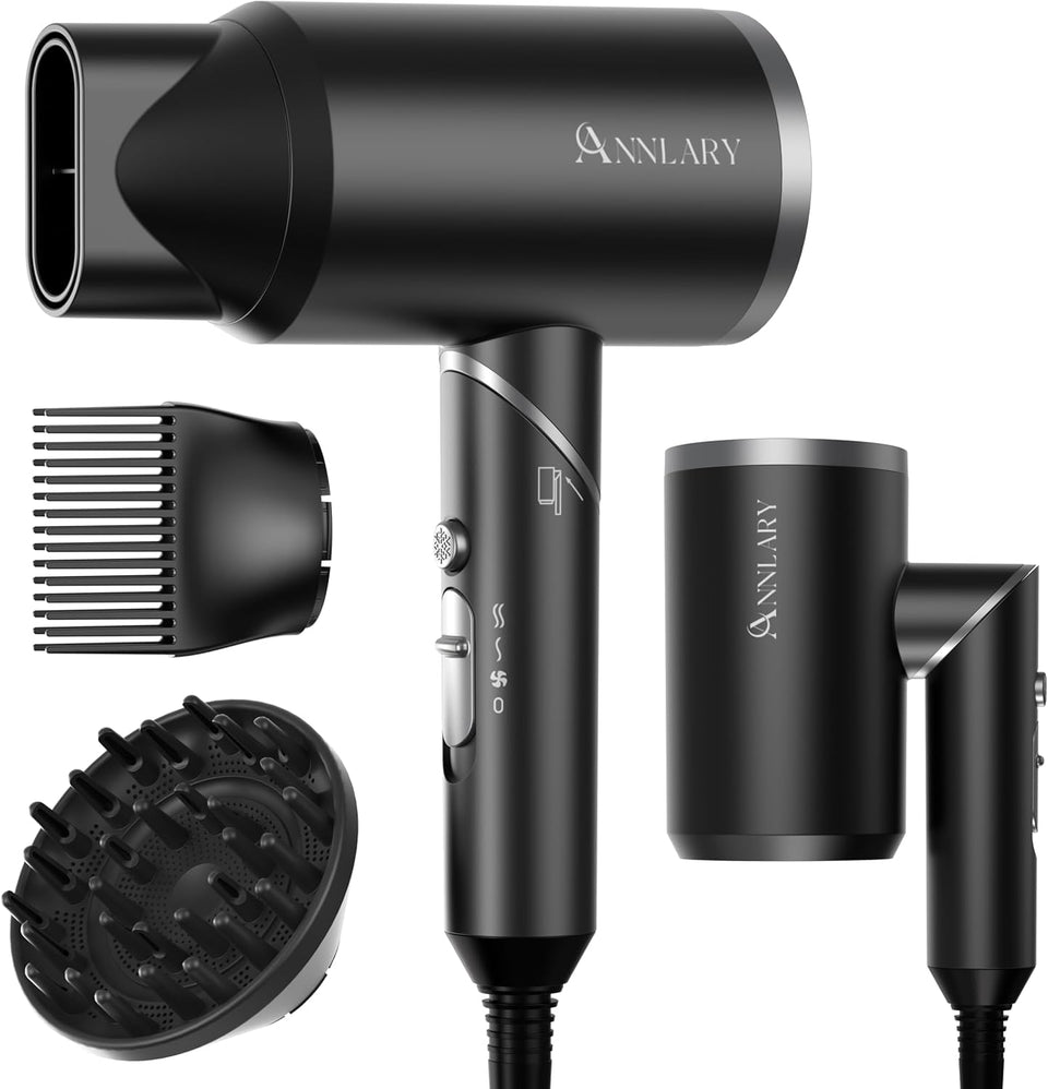 ANNLARY front view of hair dryer showing compact body and controls for easy styling