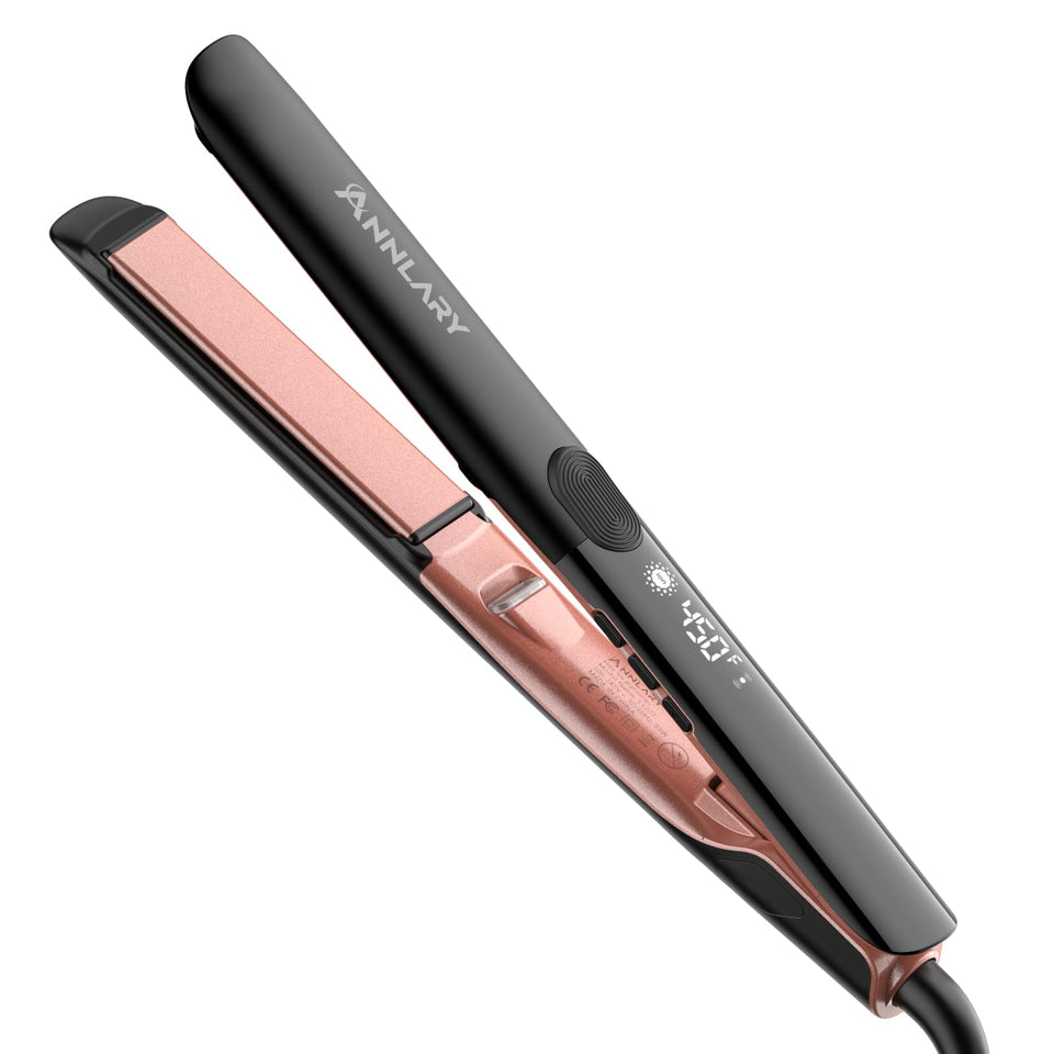 ANNLARY front view of the flat iron showing controls and sleek design, professional finish
