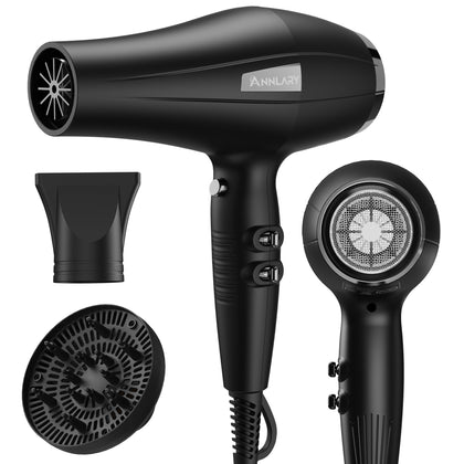 ANNLARY hair dryer front view showing controls and sleek finish for easy styling