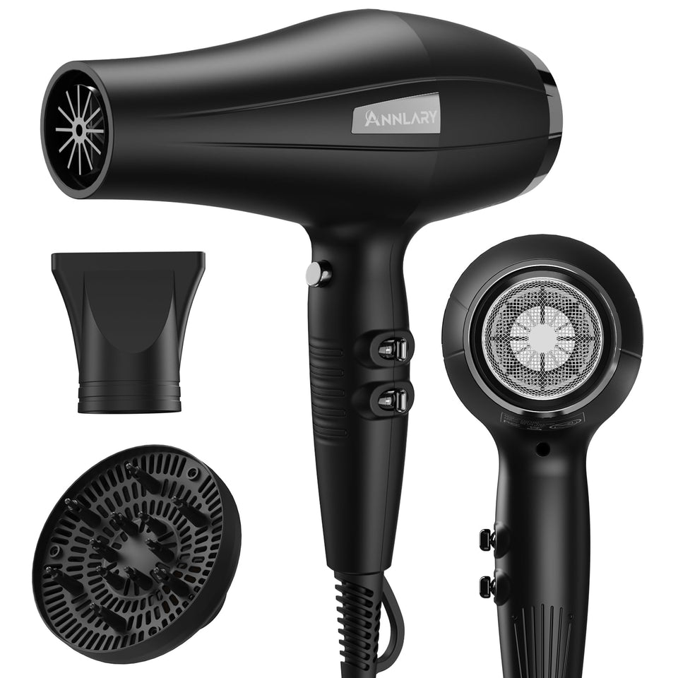 ANNLARY hair dryer front view showing controls and sleek finish for easy styling