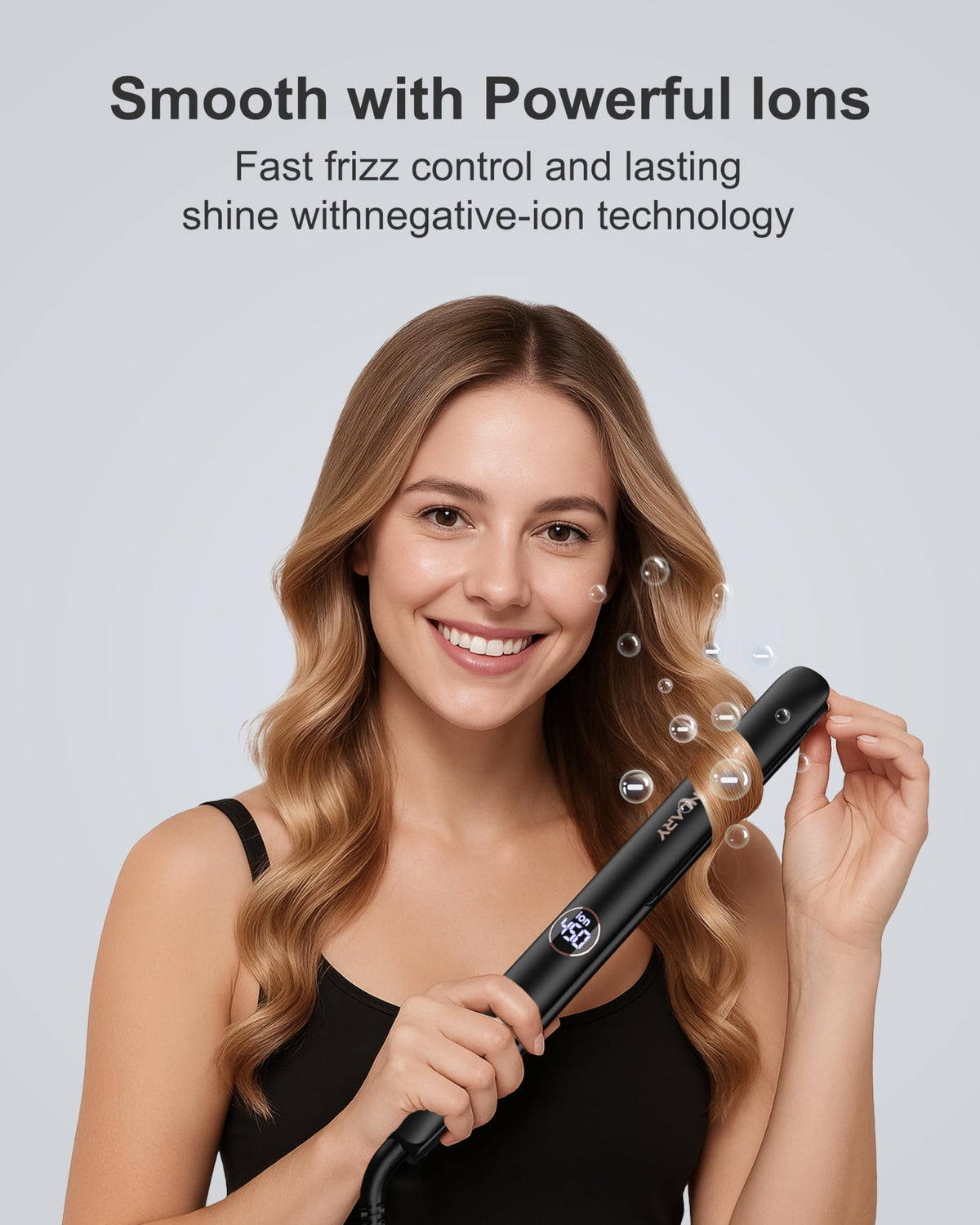 ANNLARY straightening hair demonstrating one-pass smoothness and reduced frizz