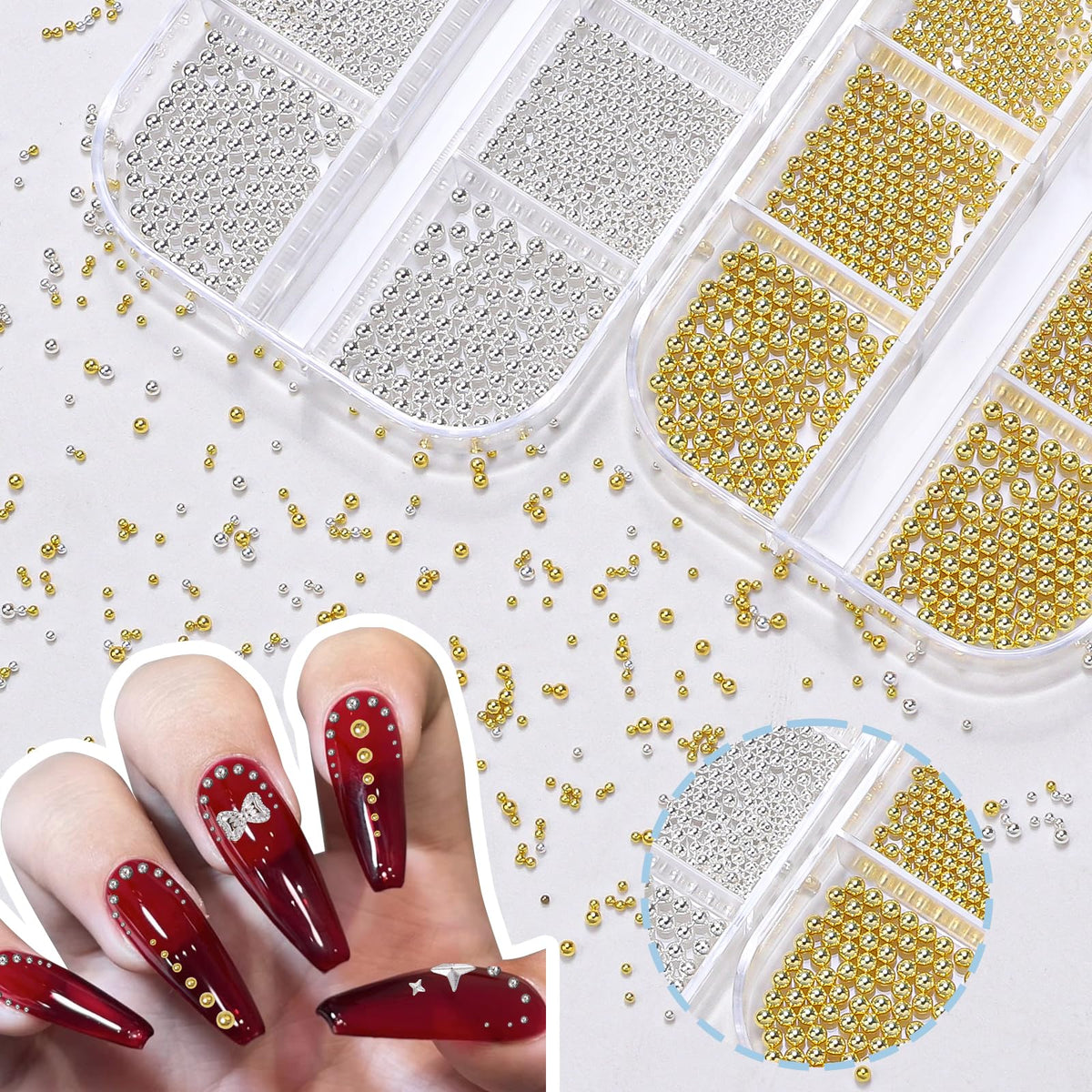 AnoleAir beads applied on a manicure demonstrating textured metallic accent