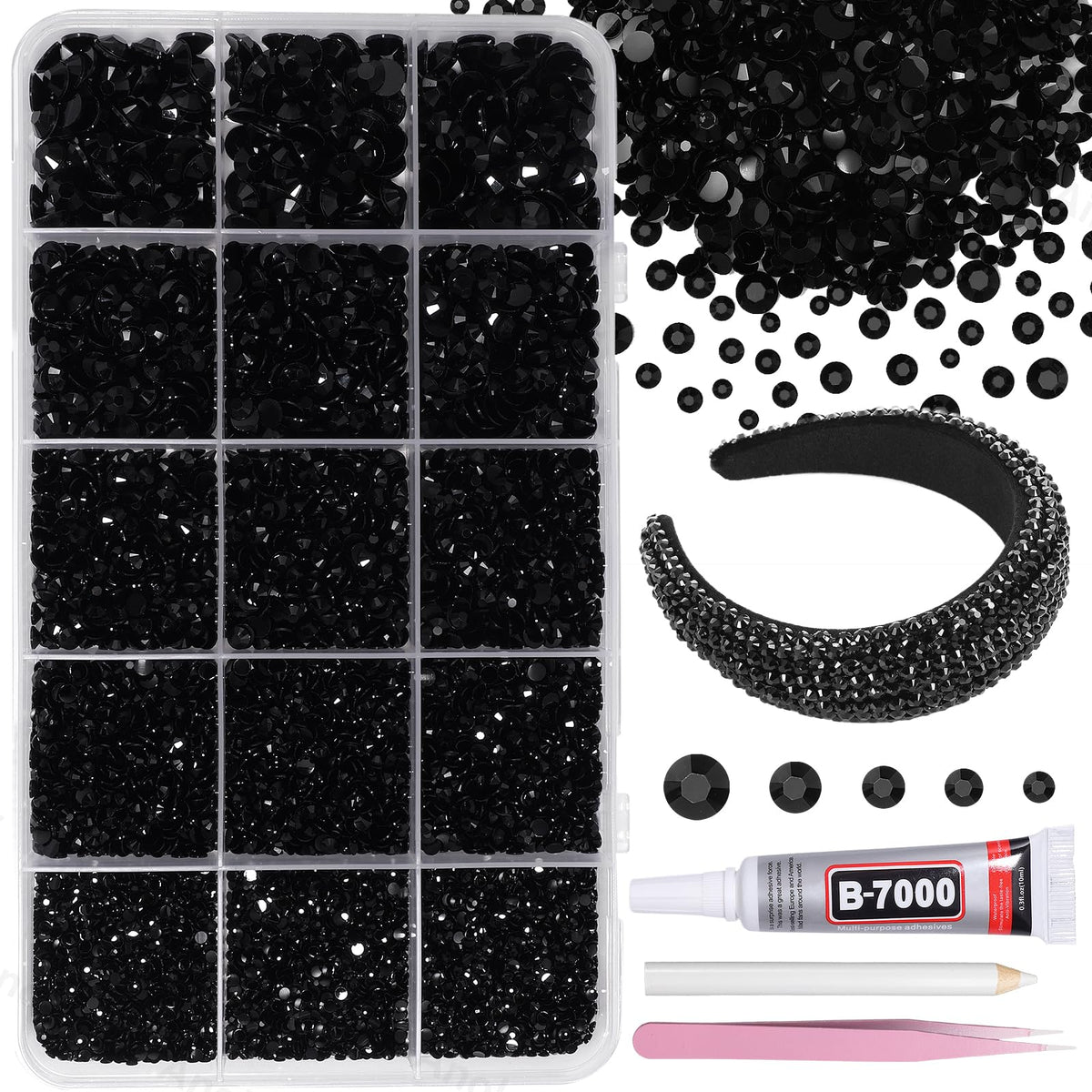 AnoleAir front packaging showing 12000 black rhinestones and included tools for easy crafting