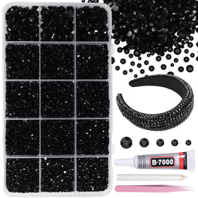 AnoleAir front packaging showing 12000 black rhinestones and included tools for easy crafting