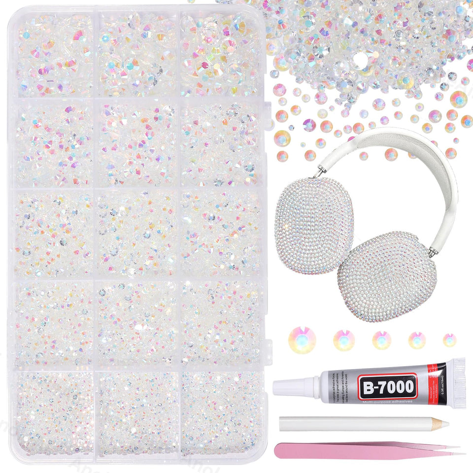 AnoleAir front packaging of 12000 Clear AB rhinestones showing kit quantity and tools