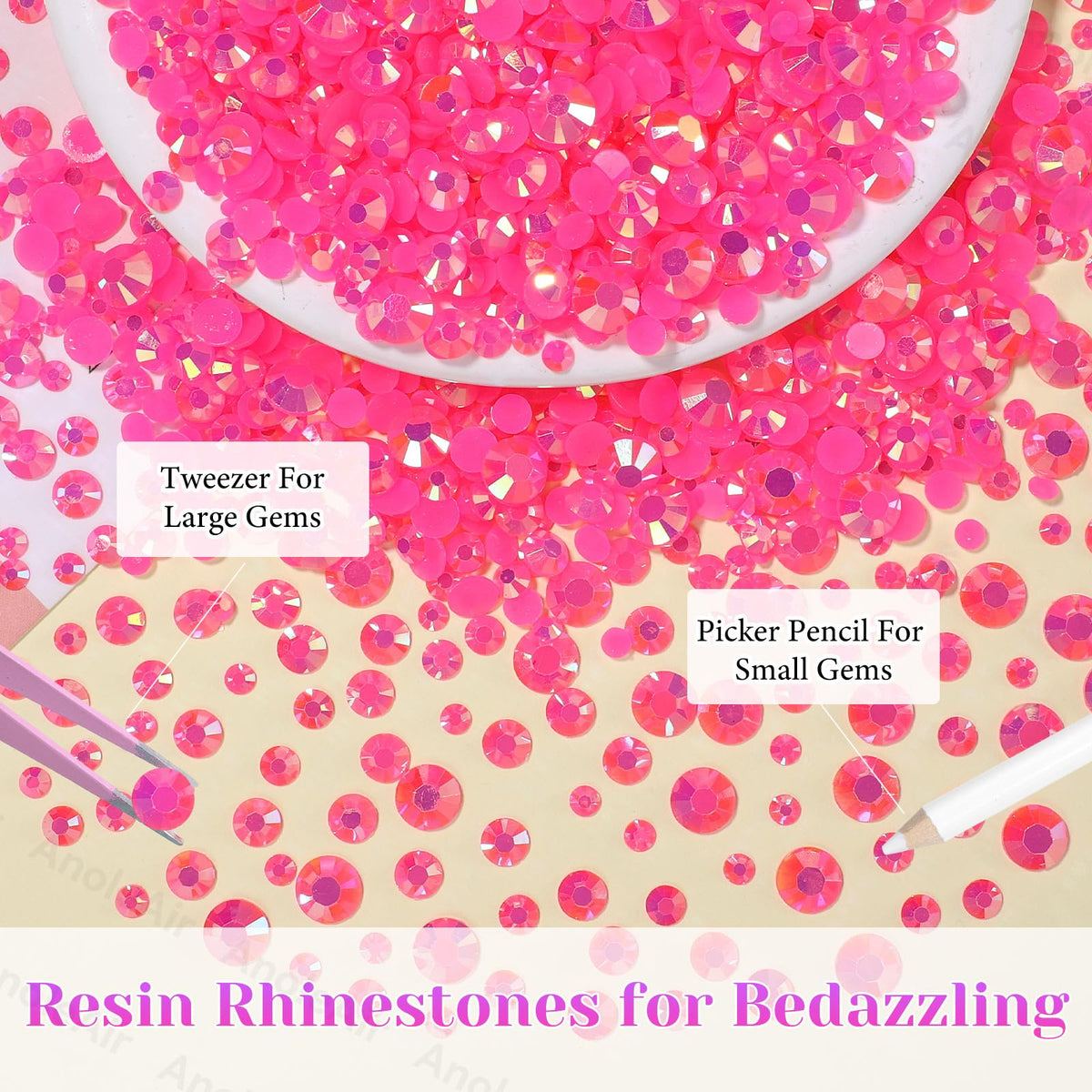 AnoleAir tweezer and pickup pencil beside gems showing precise placement tools for faster bedazzling
