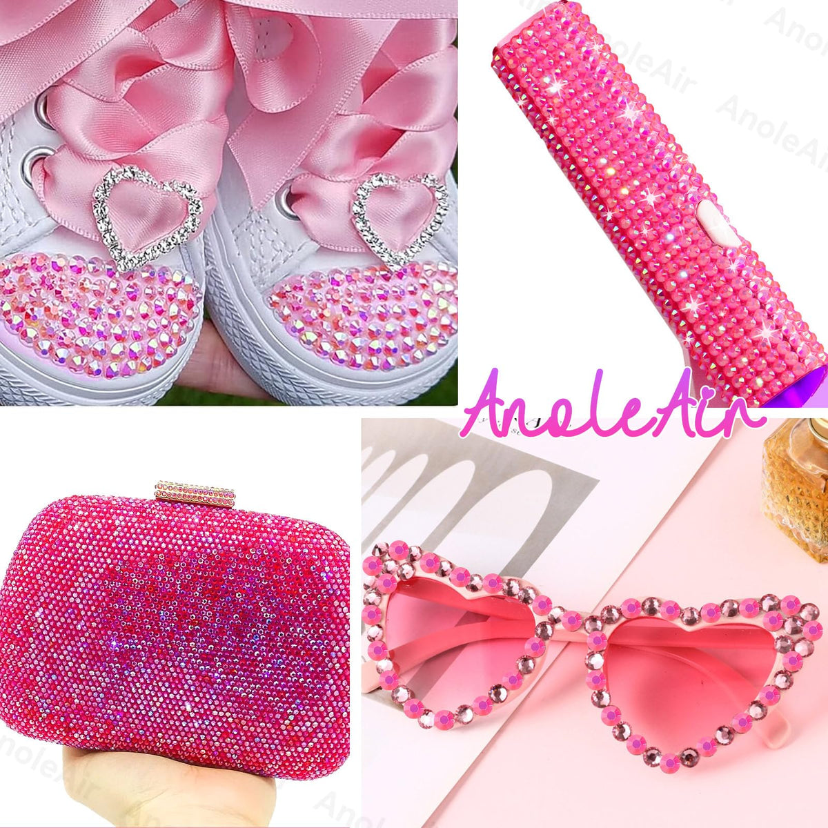 AnoleAir hot pink gems applied to festival face and nails demonstrating creative cosmetic and nail art use