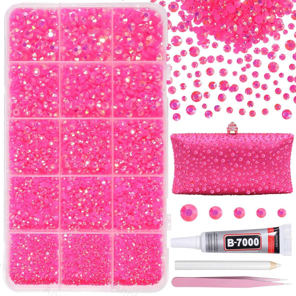 AnoleAir front packaging showing hot pink rhinestone kit and included tools for immediate crafting