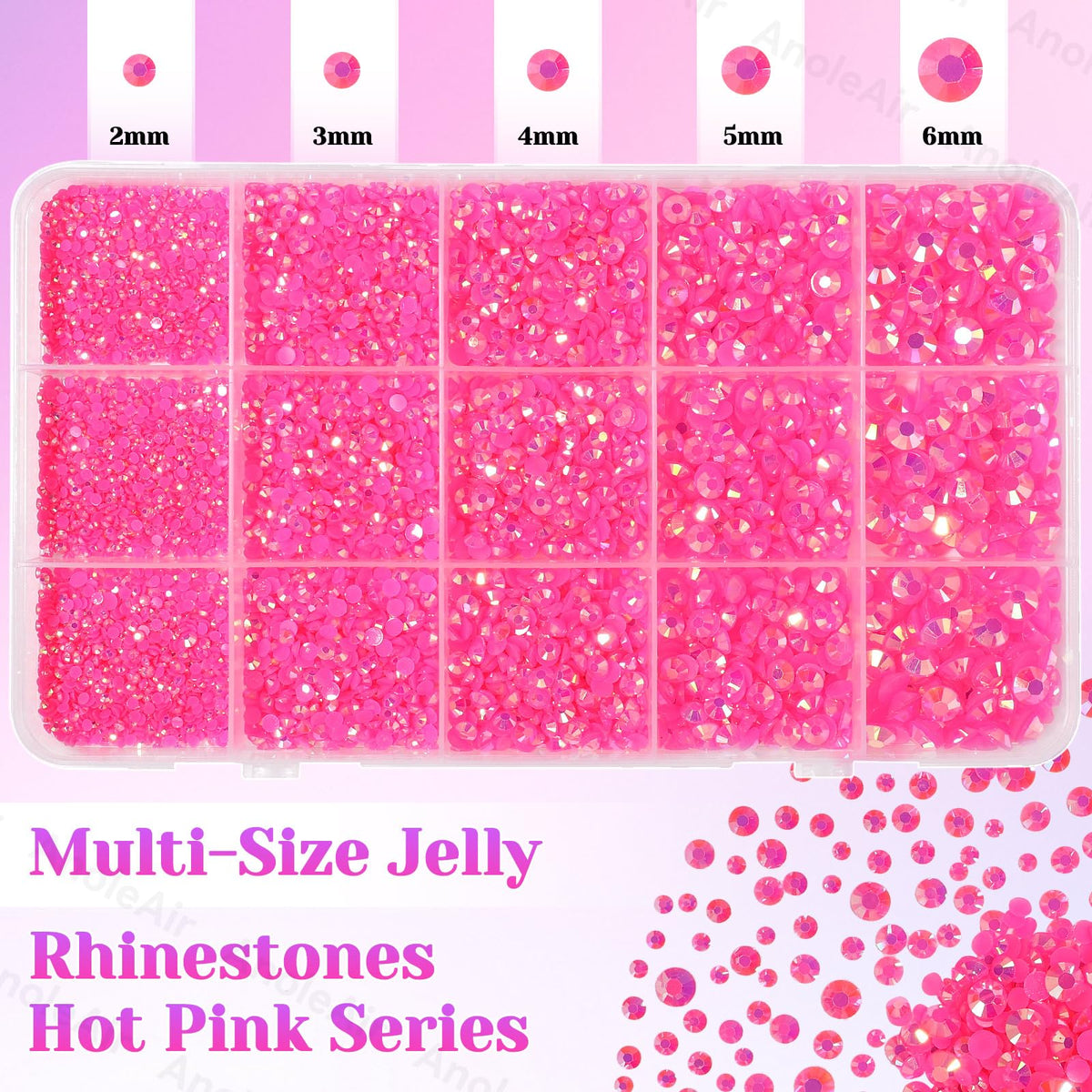 AnoleAir mixed 2-6mm hot pink rhinestones spread arranged to show size variety and design flexibility