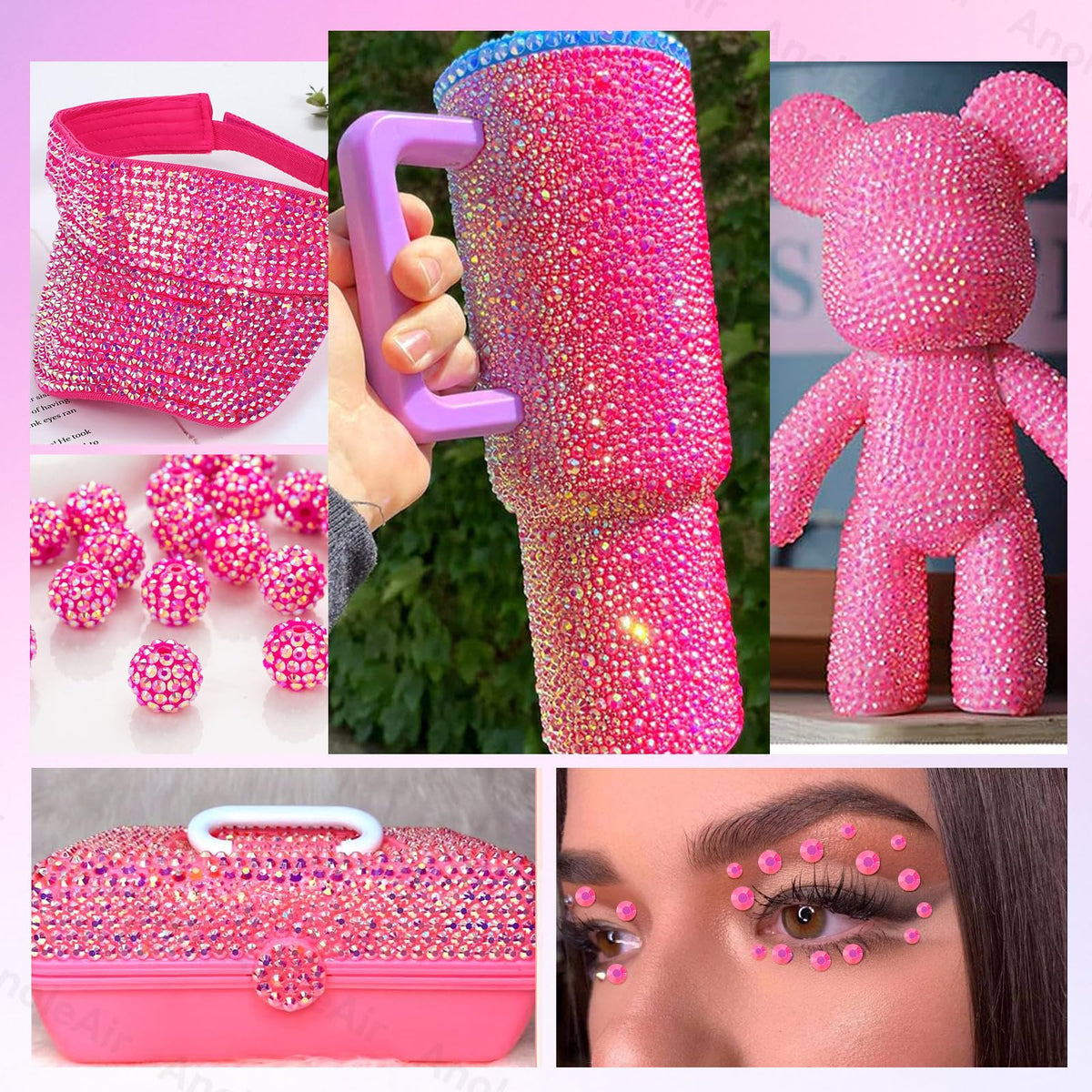 AnoleAir hot pink rhinestones adhered to a stainless tumbler illustrating finished decorative effect