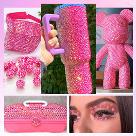AnoleAir hot pink rhinestones adhered to a stainless tumbler illustrating finished decorative effect