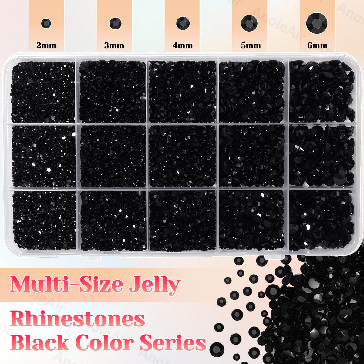AnoleAir close-up of mixed 2mm–6mm black rhinestones displaying size variety for designs