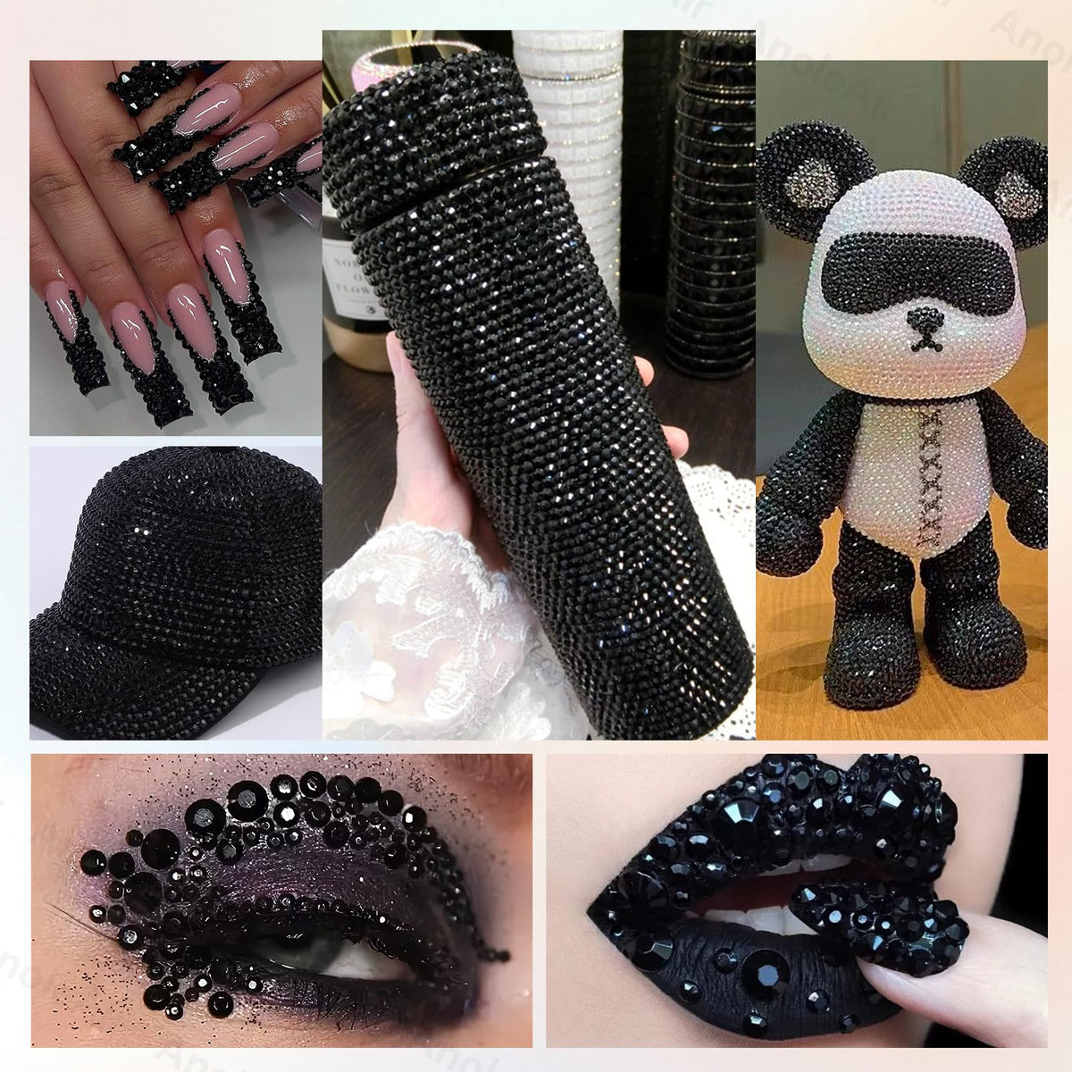 AnoleAir black rhinestones applied to a tumbler showing dramatic reflective finish