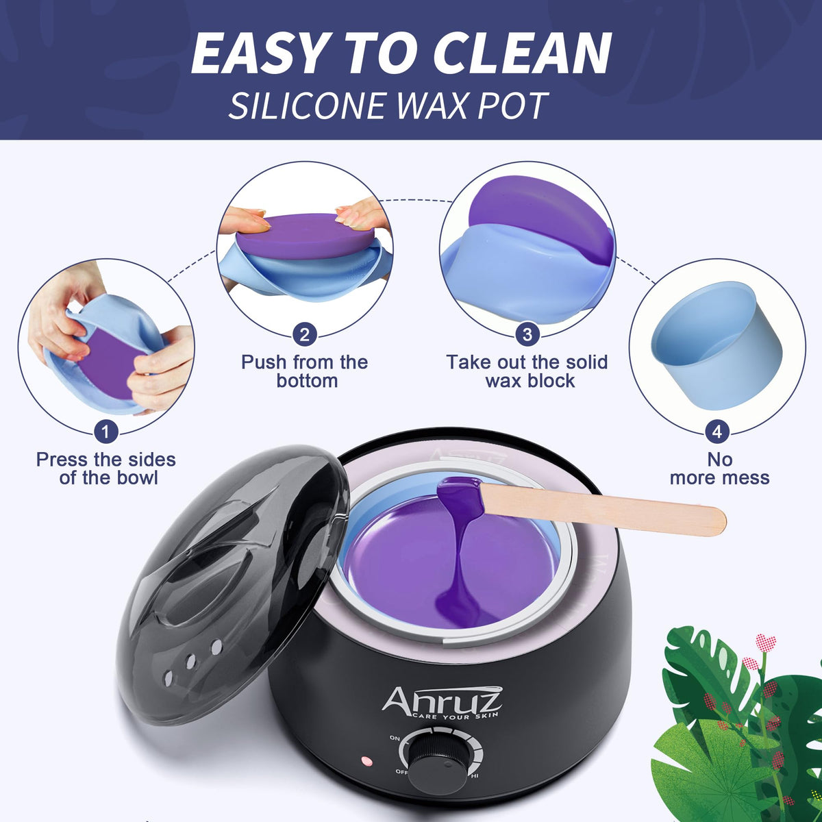 ANRUZ waxing kit in use on bikini area demonstrating smooth root-to-tip hair removal